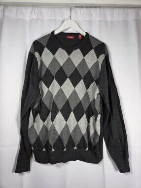 Izod Sweater Black Gray 100% Cotton Argyle Diamond Pullover Sweater Men's L